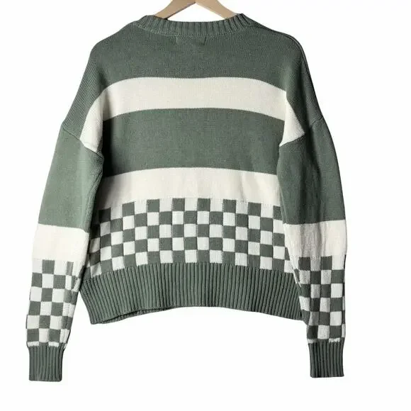 Beach Riot Checkered & Stripe Knit Crewneck Sweater Sage Green Cream Women M - Picture 2 of 8